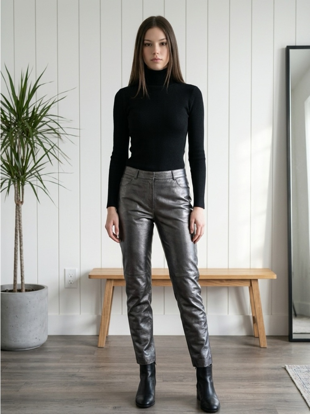 Rocco D'Amelio Metallic Gray Straight-Leg Pants